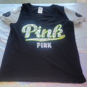 Y2k Vintage Pink VS Black V-neck Neon Green Bling Sz:L